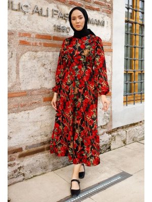In Style Bordo Fırfırlı Lale Desenli Elbise