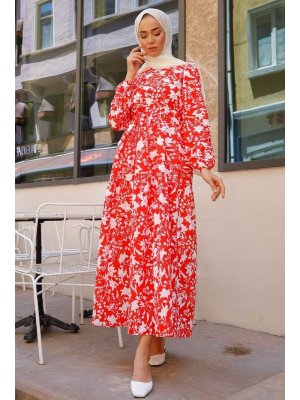 In Style Kırmızı Prenses Omuz Fulya Desen Elbise