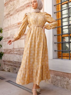 In Style Hardal Yaprak Desen Jakarlı Elbise