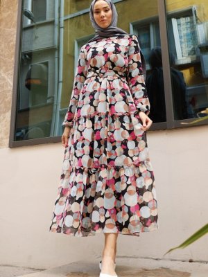 In Style Pudra Parça Desen Şifon Elbise
