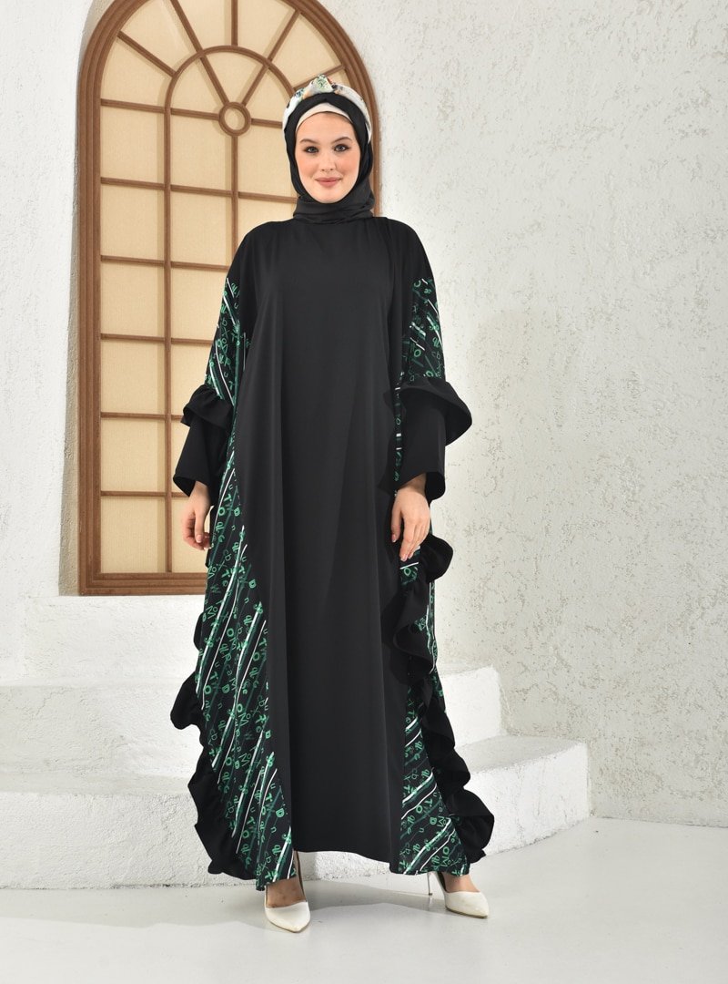 Filizzade Siyah Zümrüt Yanlar Garni Ve Fırfır Detaylı Ferace Elbise