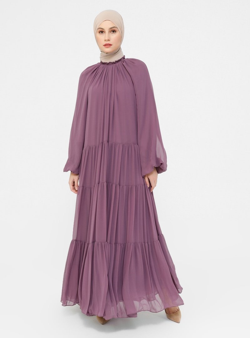 Refka Vintage Mor Yakası Gipe Detaylı Geniş Kesim Şifon Abiye Elbise