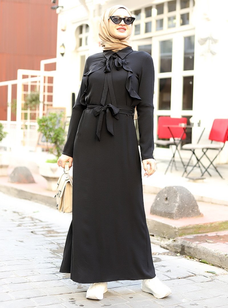 Womayy Siyah Fırfır Detaylı Beli Kemerli Airobin Elbise