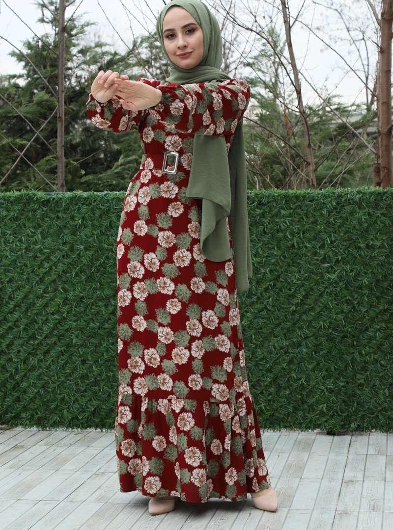 Sevit-Li Bordo Desenli Elbise