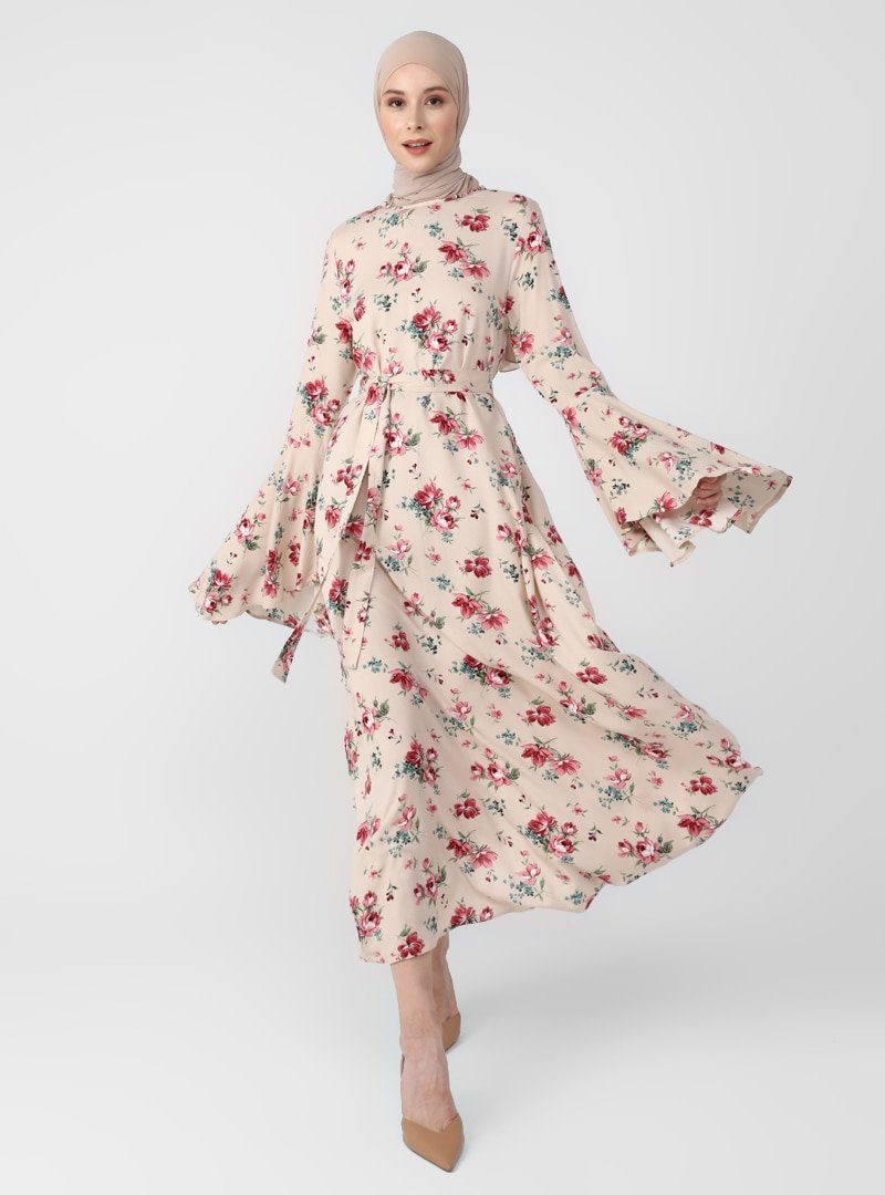Refka Pembe Çiçekli Doğal Kumaşlı İspanyol Kollu Elbise