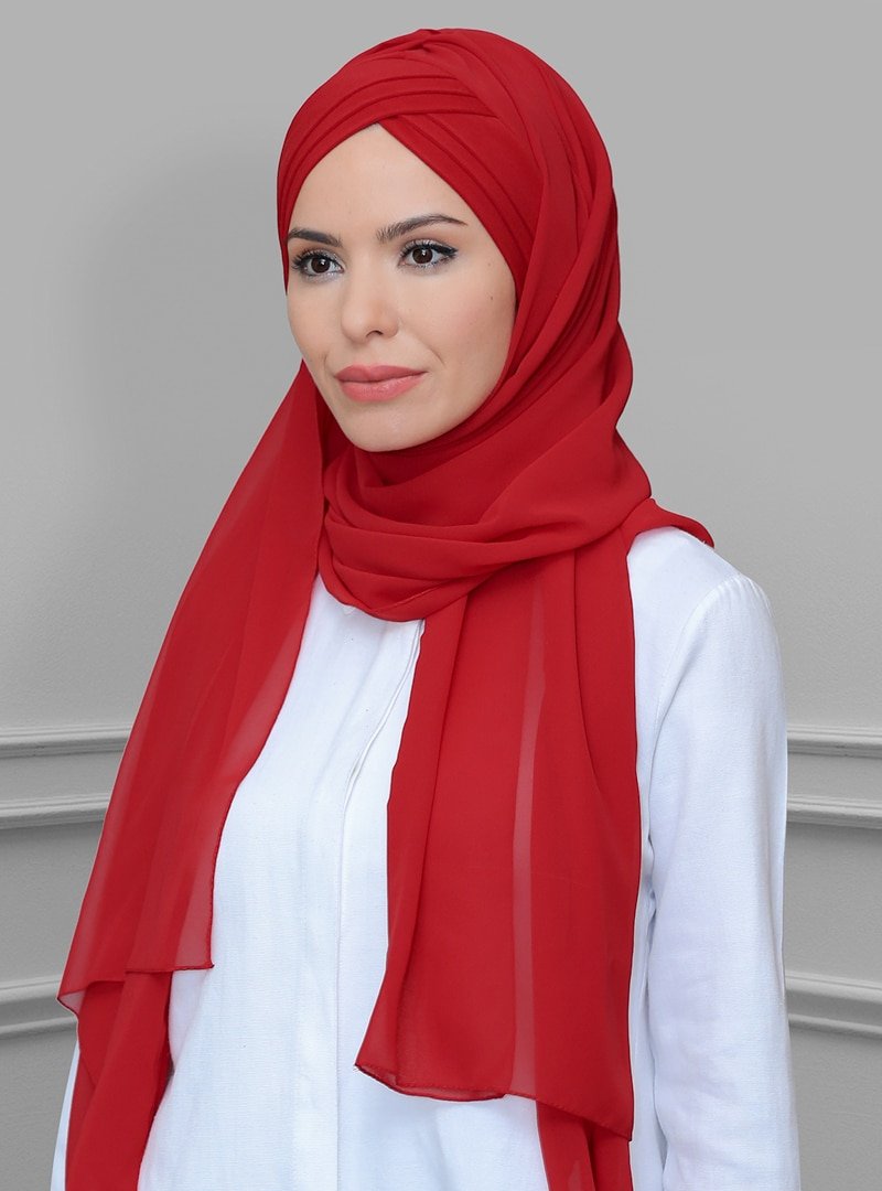 Hürrem Bone Kırmızı Pratik Hazır Geçmeli Bone Şifon Kendinden Topuzlu Üç Bantlı Şal