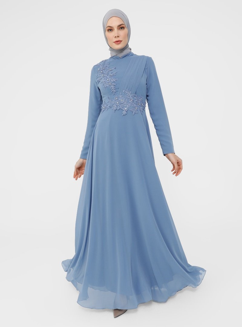 Refka Derin Mavi Taş Detaylı Abiye Elbise