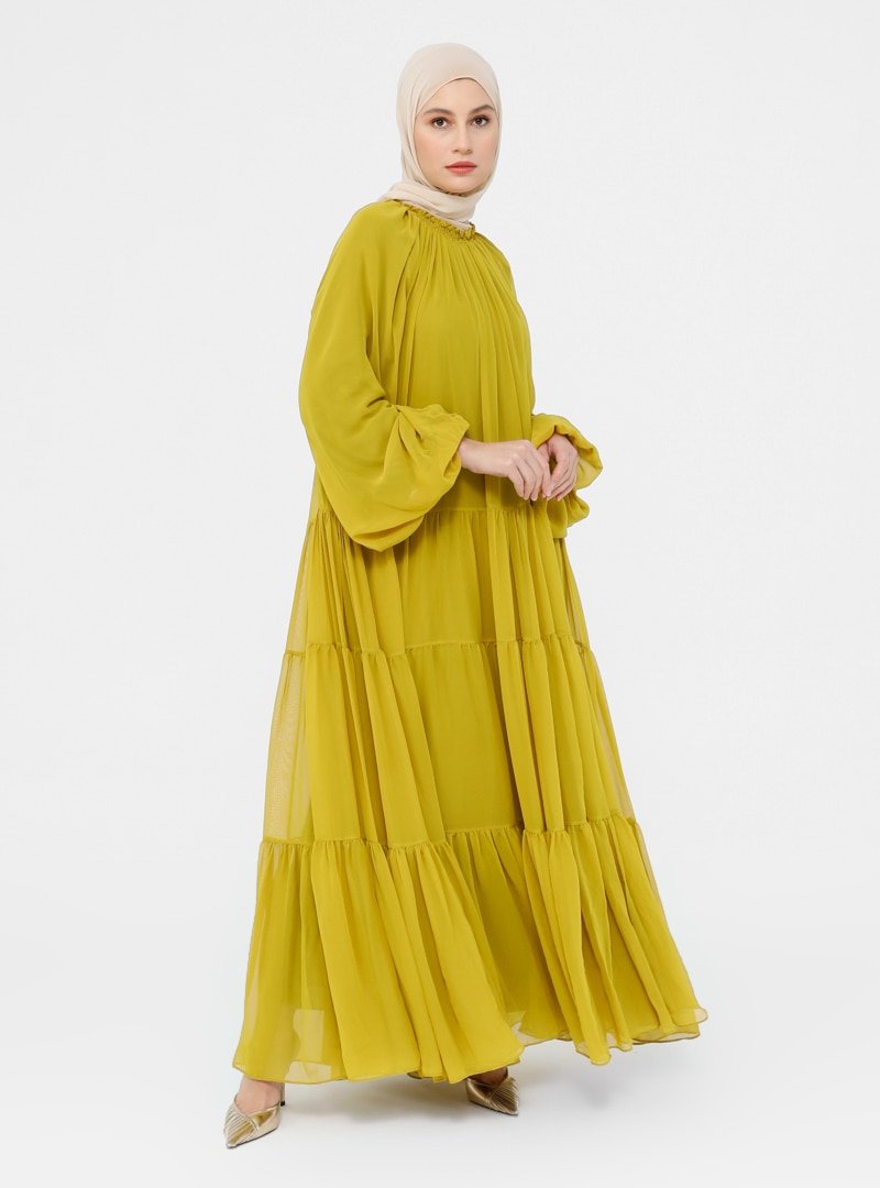 Refka Yağ Yeşili Yakası Gipe Detaylı Geniş Kesim Şifon Abiye Elbise