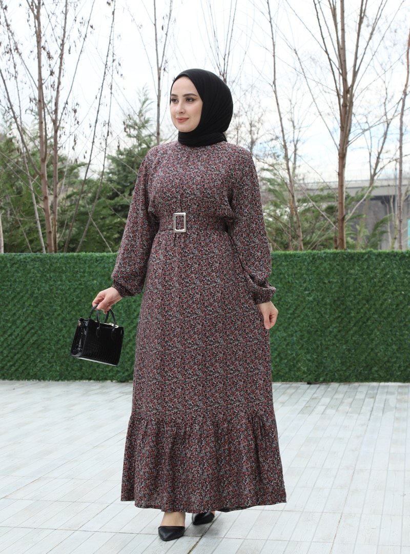 Sevit-Li Siyah Desenli Kemer Detaylı Elbise