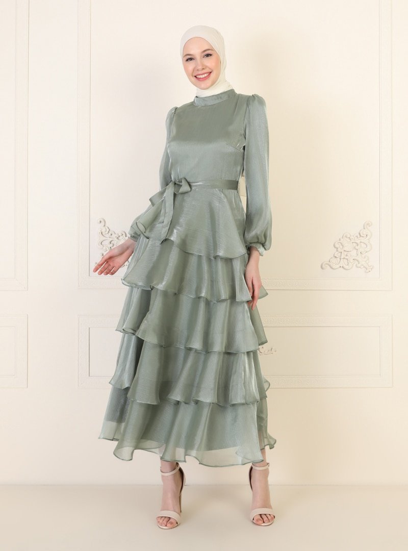 MODAYSA Çağla Işıltı Kat Kat Hakim Yaka Abiye Elbise