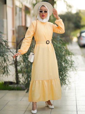 Por La Cara Sarı Fırfır Detaylı Kemerli Elbise