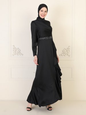 MODAYSA Siyah Beli Taşlı Volanlı Saten Abiye Elbise
