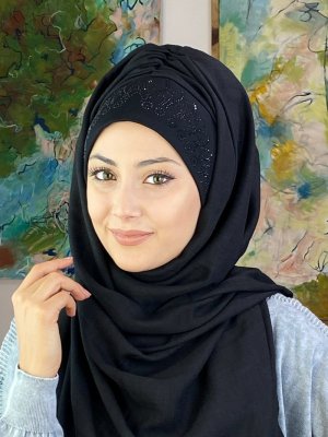 BUTİK AMBAR Siyah Taş Detaylı Prenses Taç Desenli Atkılı Hazır Şal
