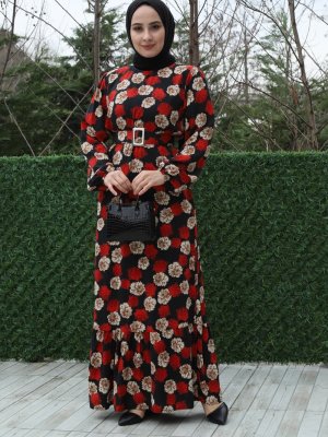 Sevit-Li Siyah Desenli Elbise