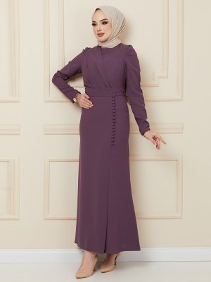 Olcay Lila Pile Ve Düğme Detaylı Krep Abiye Elbise