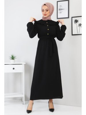 Tesettür Dünyası Siyah Düğme Detaylı Elbise