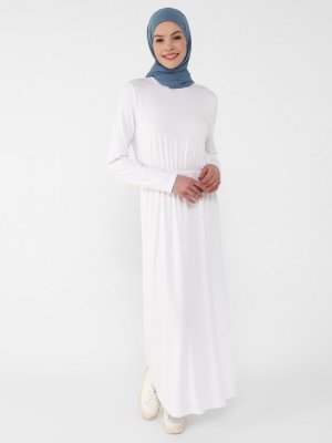 Refka Beyaz Doğal Kumaşlı Beli Lastikli Elbise