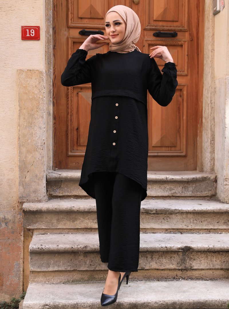 Muzze Siyah Önü Süs Düğmeli Tunik & Pantolon İkili Takım