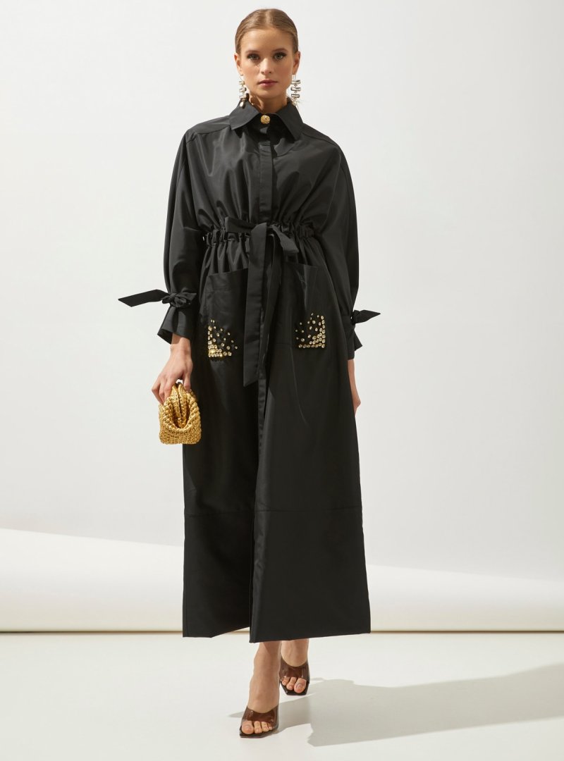 AL SHEIKHA Siyah Shine Trench Coat Handmade