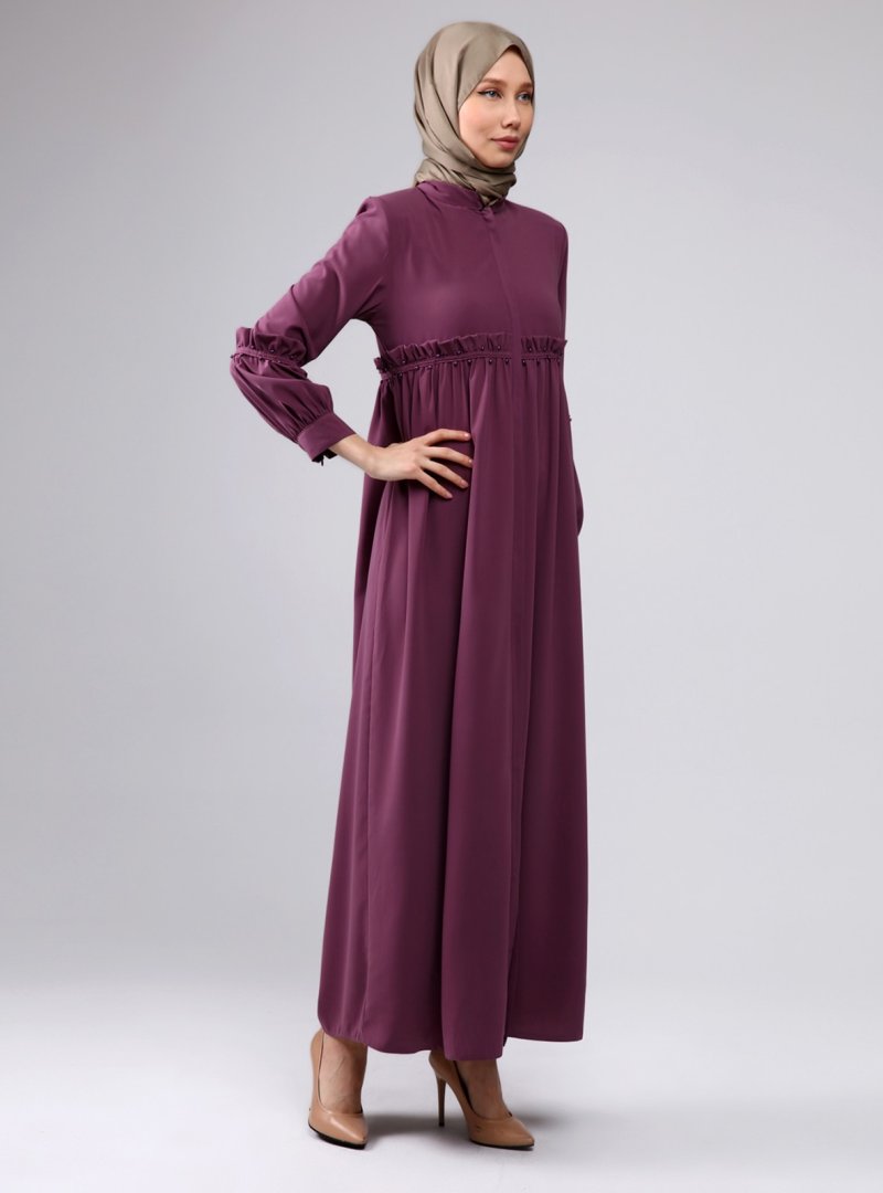 Jamila Gül İncili Fermuarlı Ferace Koyu