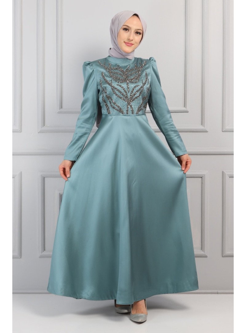 MISSVALLE Mint Taşlı Saten Abiye Elbise