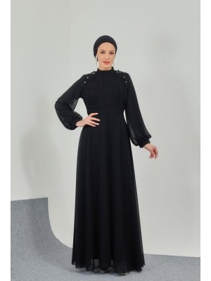 Moda Echer Siyah Pilise Ve Güpür Detaylı Abiye Elbise
