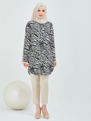 Topless Zebra Desenli Tunik Siyah Beyaz