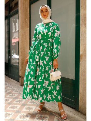 In Style Yeşil Begonvil Çiçek Desen Kuşaklı Elbise