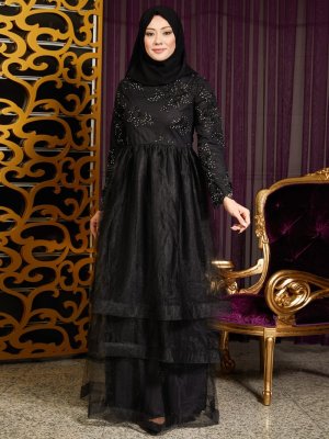 İz Otantik Siyah Aplike Detaylı Ebiye Elbise