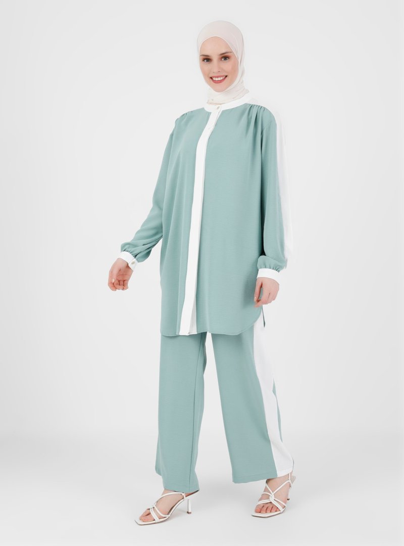 Refka Mint Off White Renk Bloklu Tunik & Pantolon Aerobin Takım