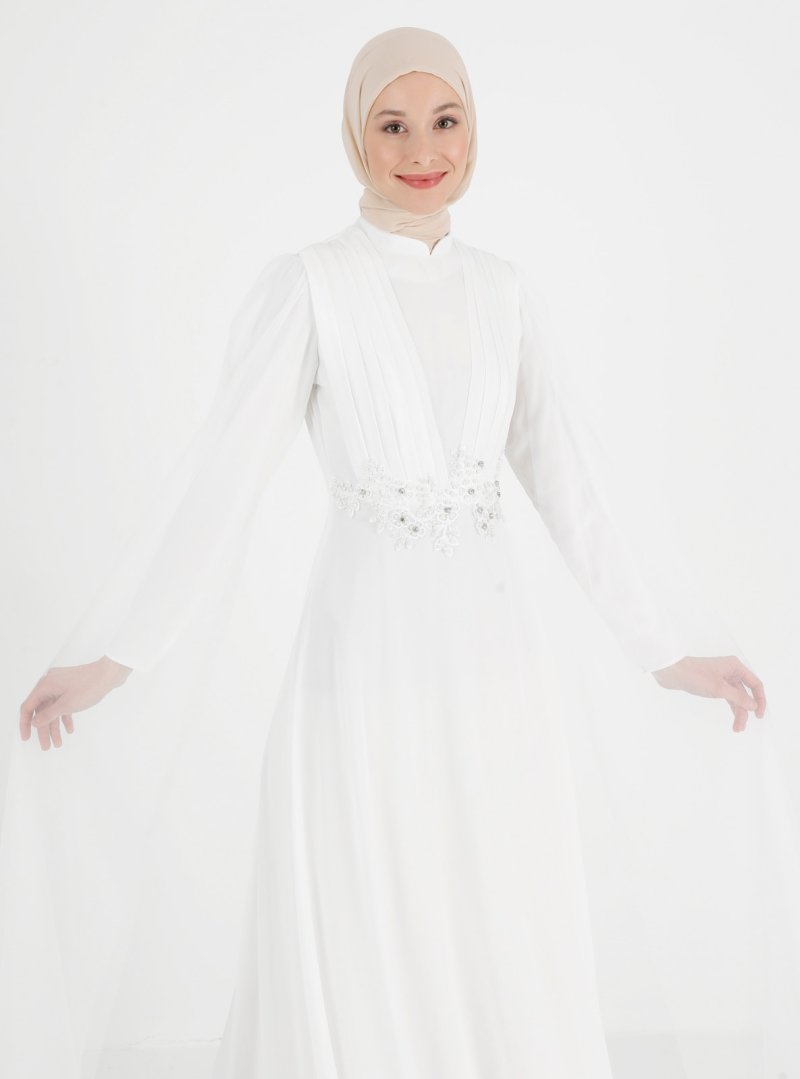 Refka Off White Beli İnci Ve Taş Detaylı Tüllü Nikah Abiye Elbisesi