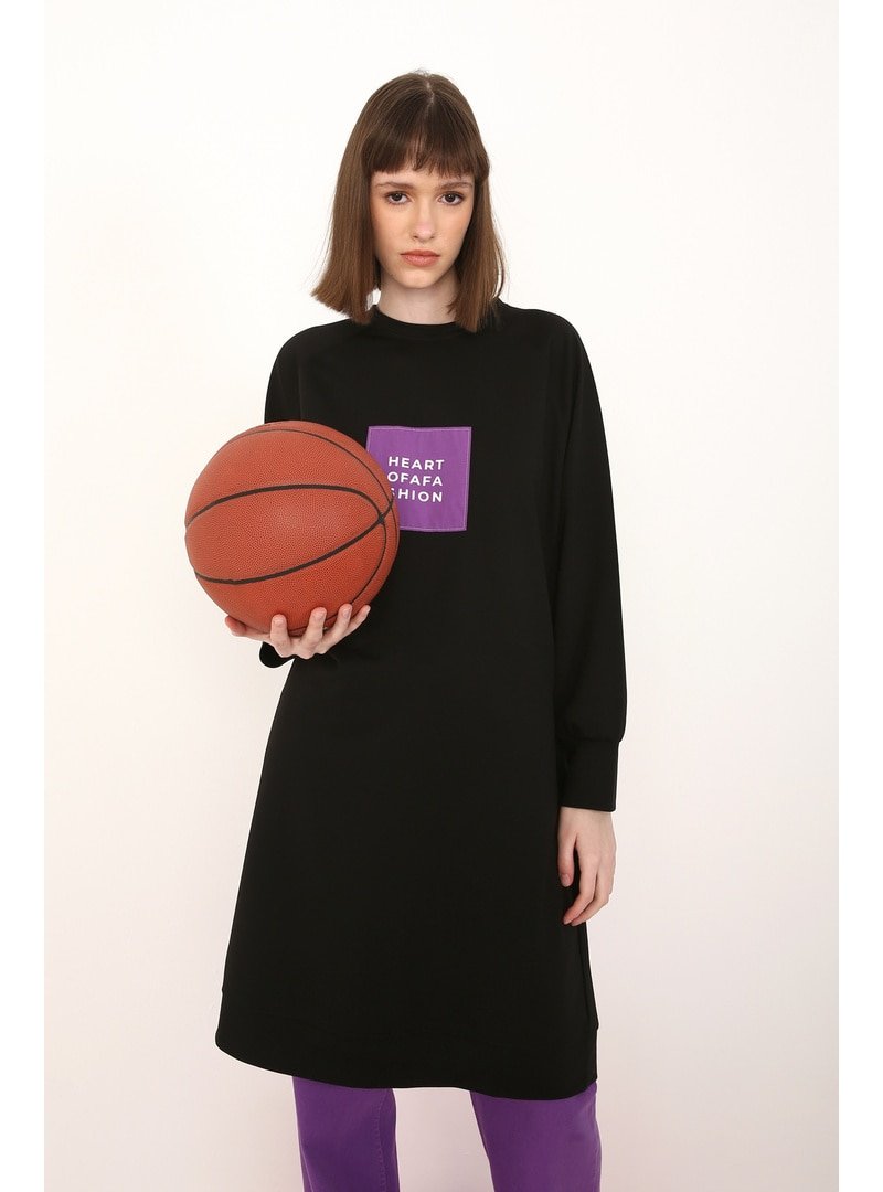 Allday Siyah Baskılı Aplikeli Sweat Tunik