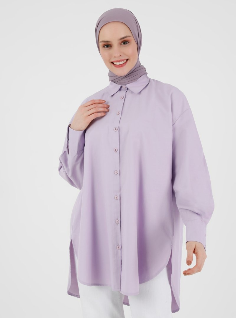 Refka Lila Yanları Yırtmaçlı Oversize Poplin Tunik