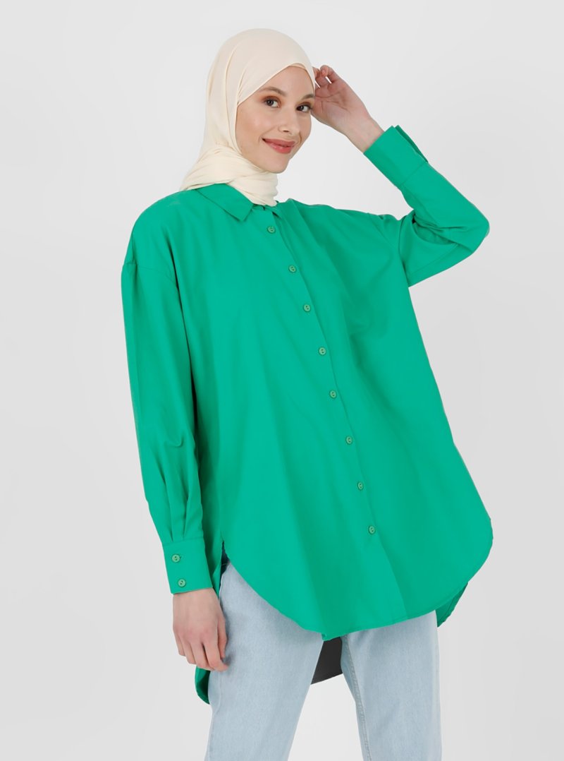 Refka Orman Yeşili Yanları Yırtmaçlı Oversize Poplin Tunik