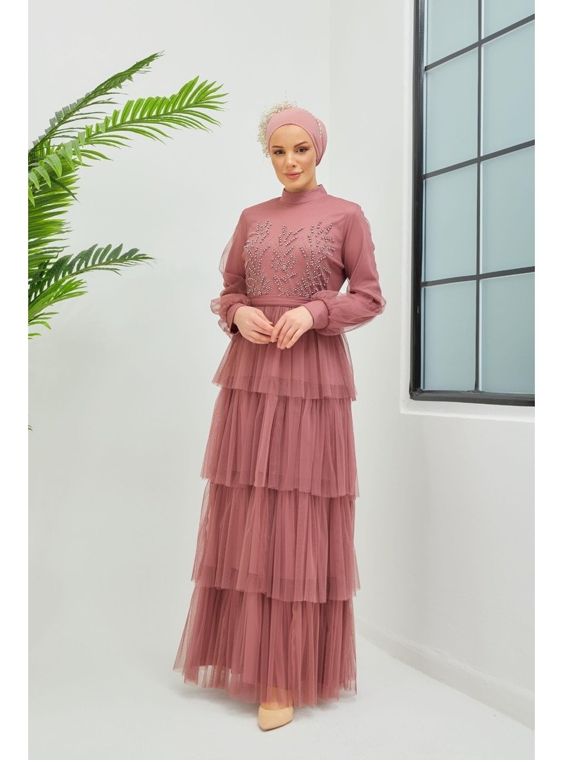 Moda Echer Gül Kurusu Kat Kat Etekli İnci Görsel Detaylı Tesetür Abiye Elbise