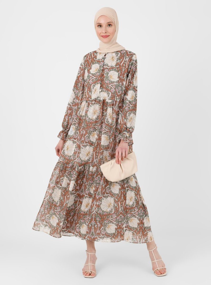 Refka Kahverengi Brit Detaylı Çiçek Desenli Şifon Elbise
