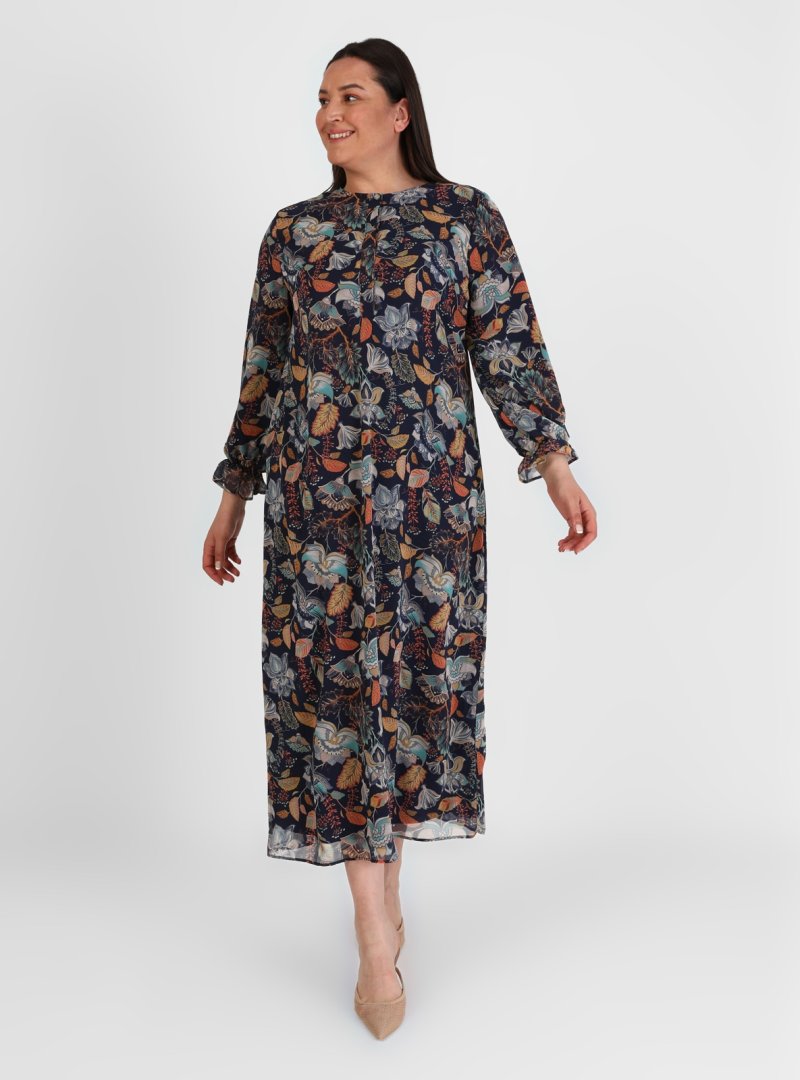 Alia Lacivert Büyük Beden Şal Desenli Şifon Elbise