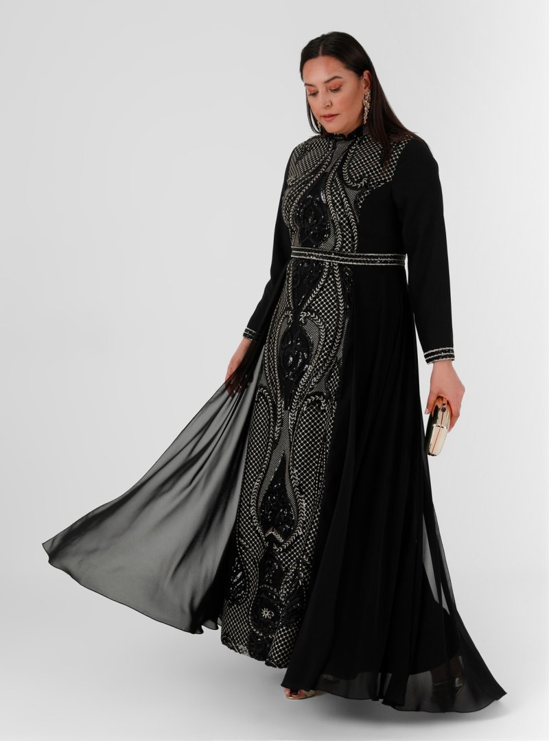 Alia Siyah Büyük Beden Nakış Ve Pul Payet Detaylı Abiye Elbise