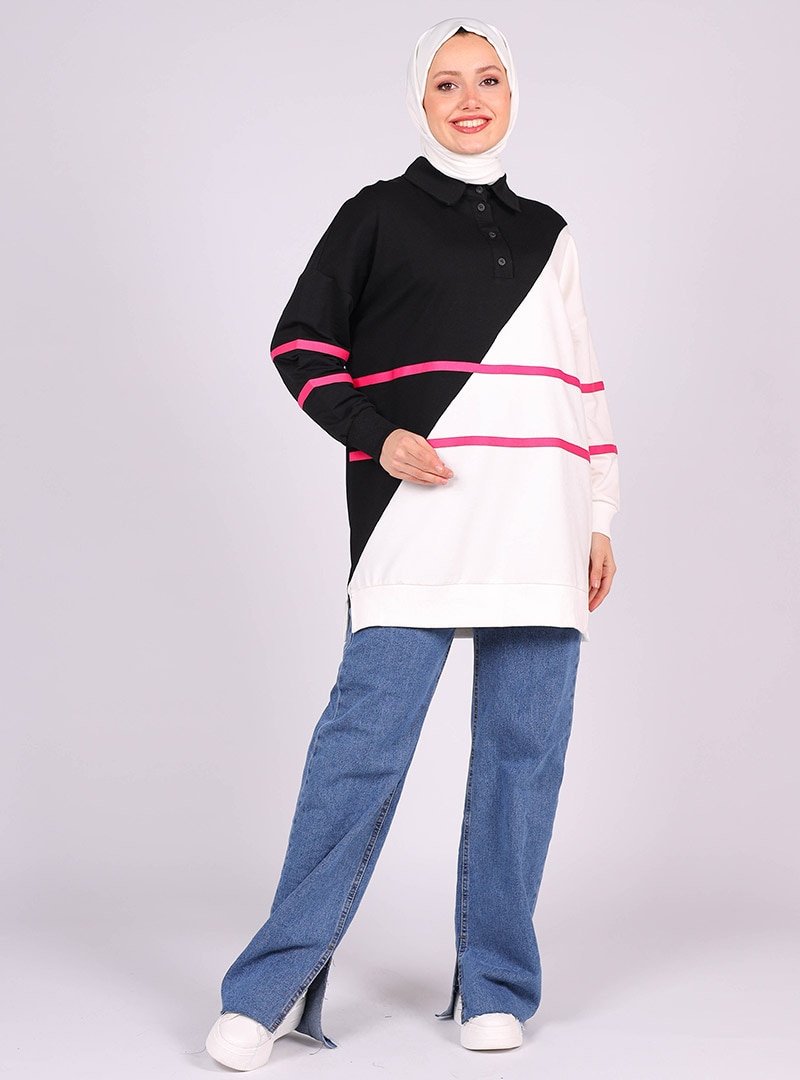 HAKİMODA Fuşya Çizgili Sweat Siyah