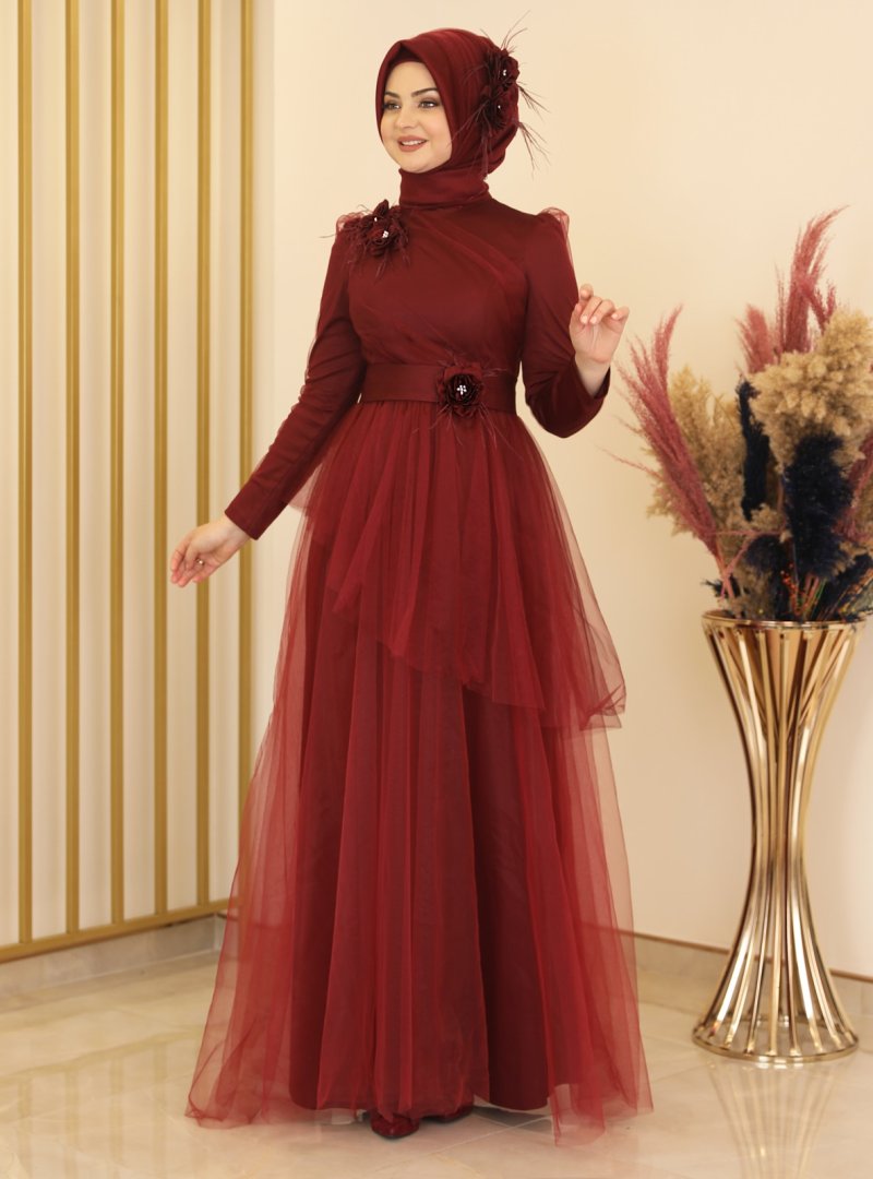 Fashion Showcase Design Bordo Üç Boyutlu Çiçek Detaylı Abiye Elbise