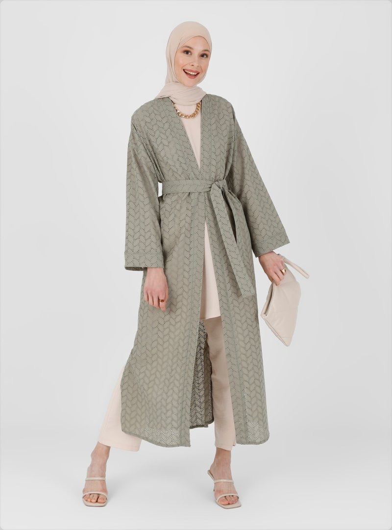 Refka Kekik Doğal Kumaşlı Fistolu Kendi Kumaşından Kemerli Pamuk Ferace Kimono