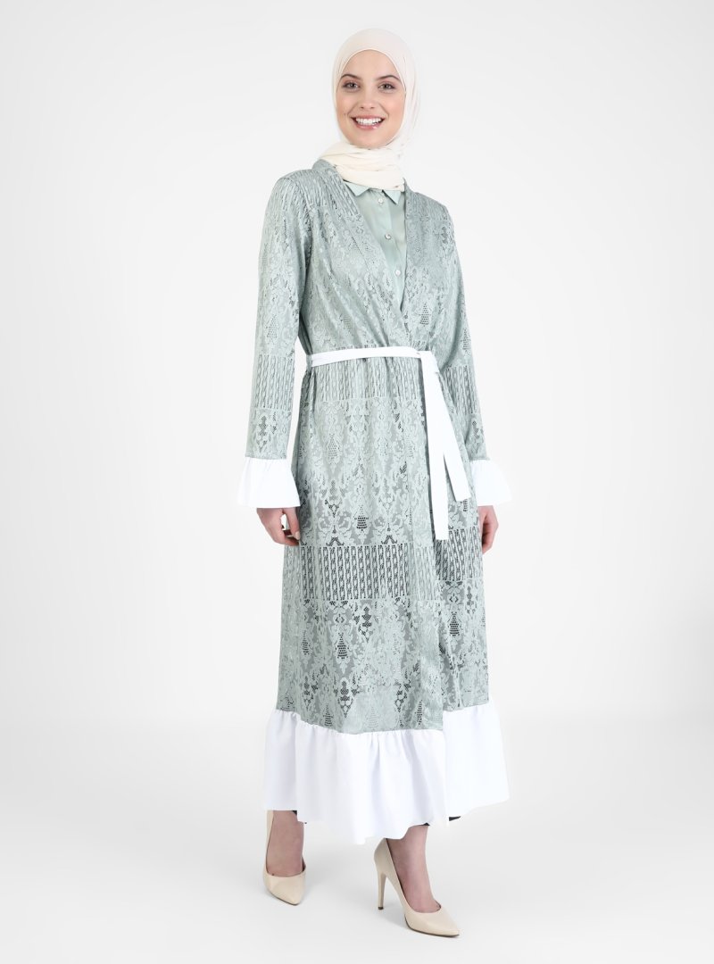 Moda Zenis Beyaz Kuşaklı Ferace Yeşil