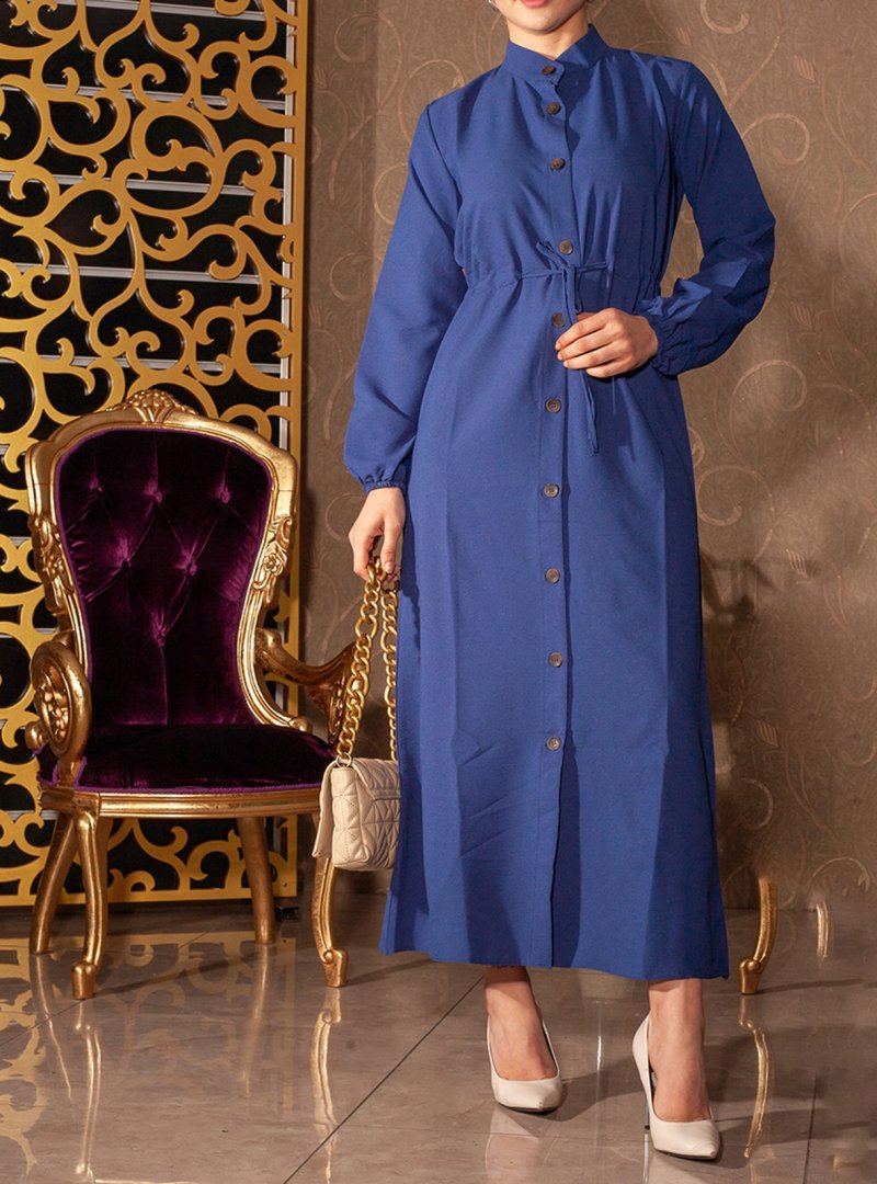 Night Blue Collection Saks Mavi Beli Bağcıklı Düğmeli Elbise Ferace