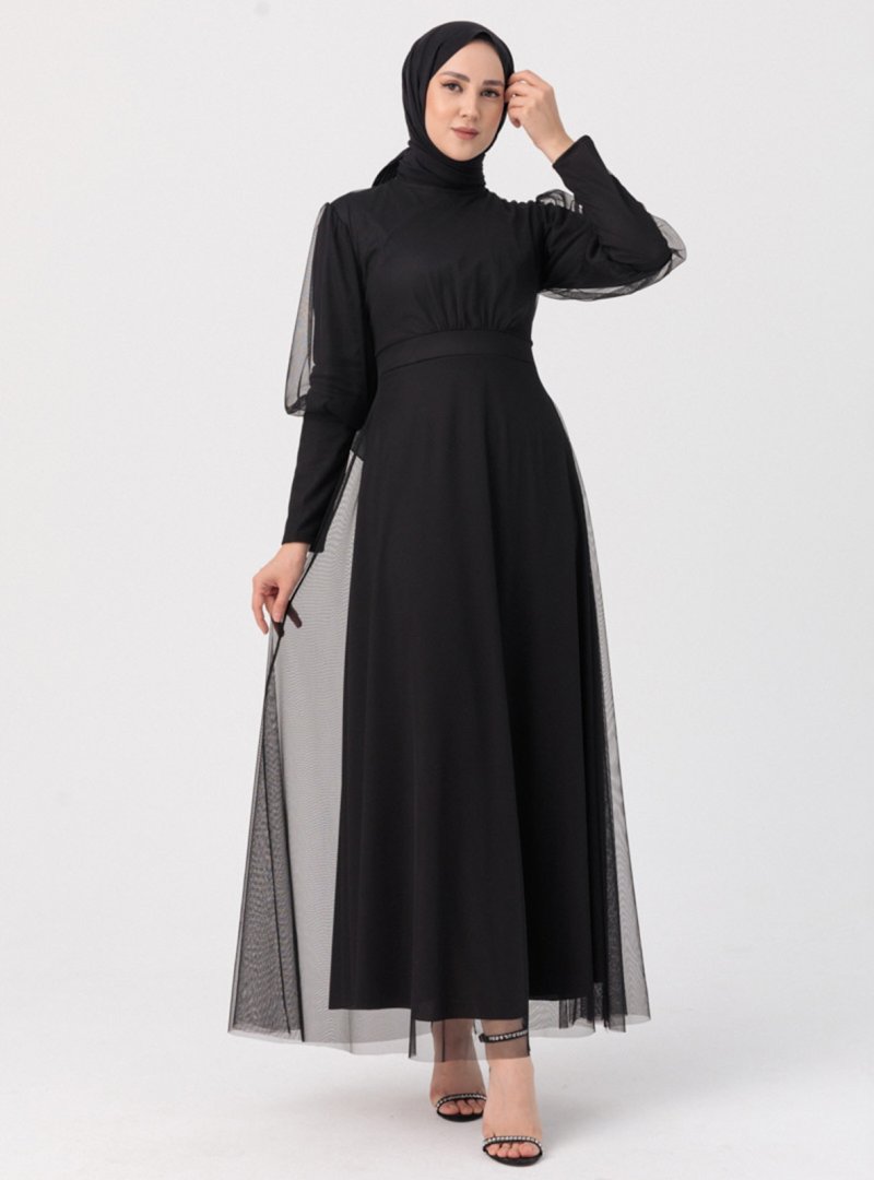 Tofisa Siyah Şifon Abiye Elbise