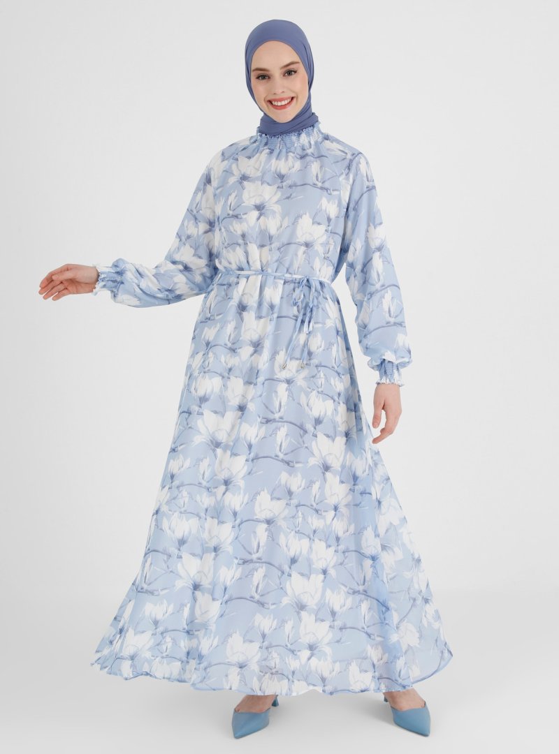 Refka Mavi Çiçek Desenli Gipe Detaylı Yoryo Şifon Elbise