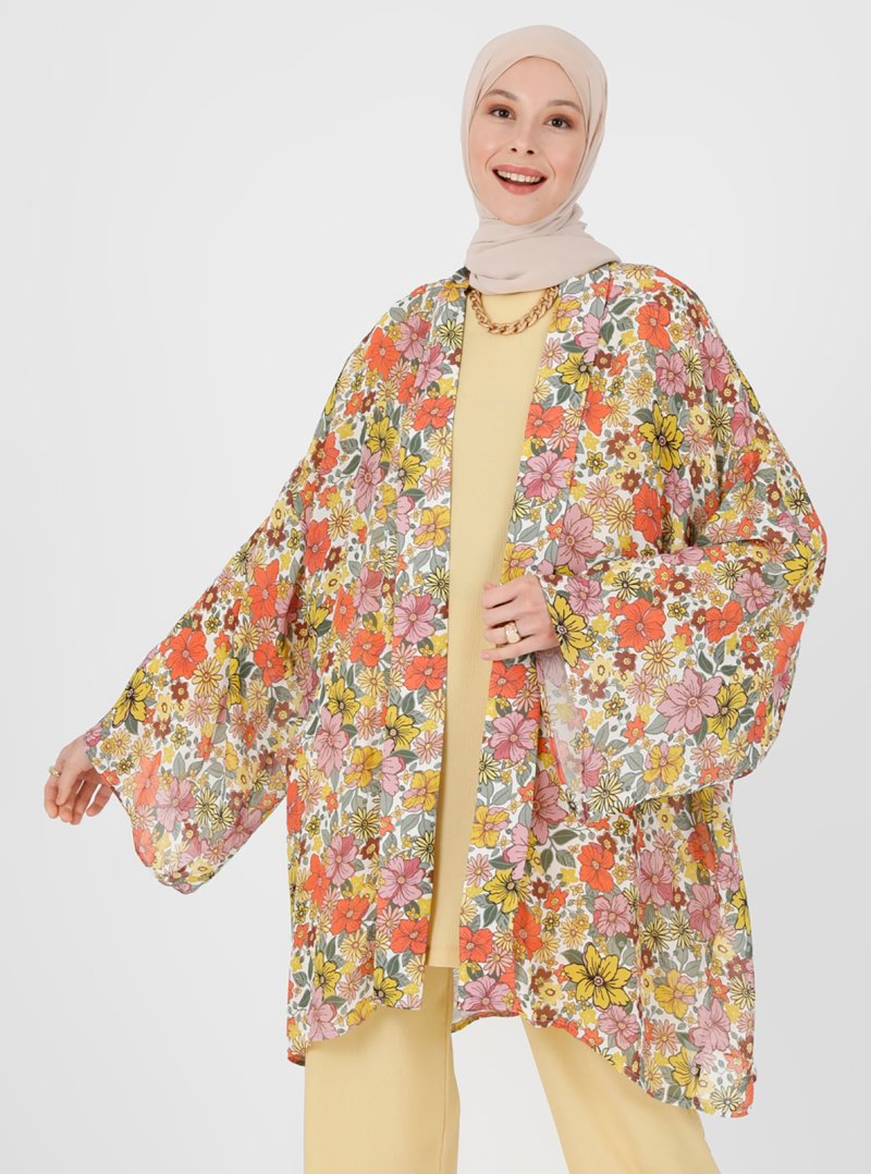 Refka Orange Doğal Kumaşlı Çiçek Desenli Kimono