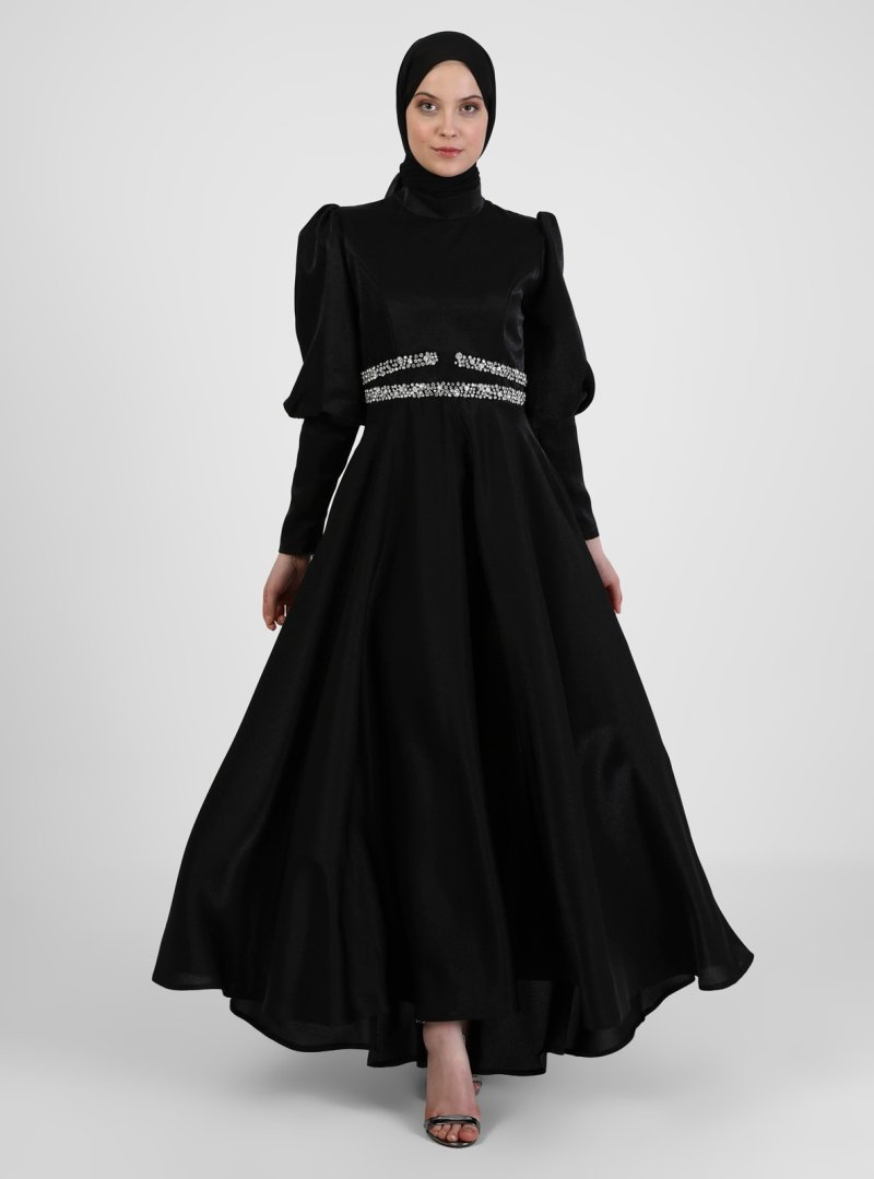 Puane Siyah Şerit Detaylı Abiye Elbise