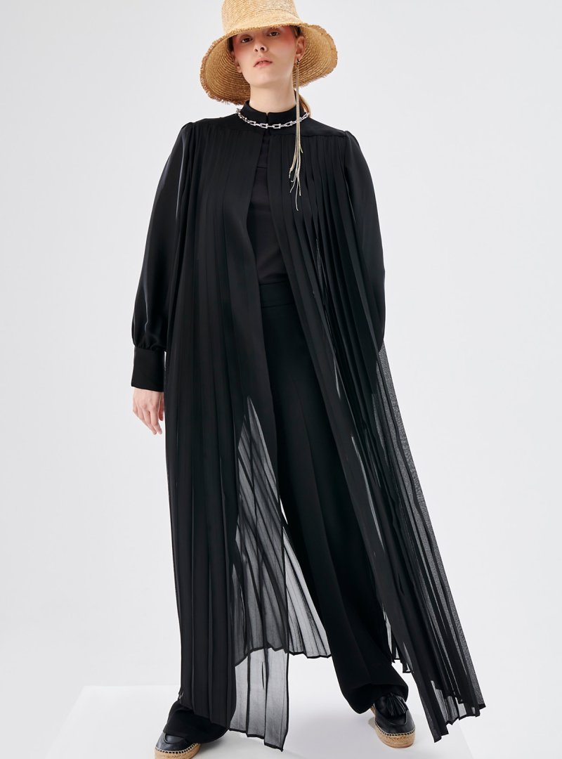 Nuum Design Siyah Şifon Pilise Abaya
