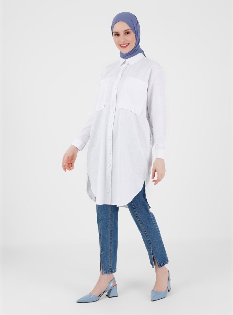 Refka Off White Çıtçıtlı Uzun Keten Görünümlü Pamuk Tunik