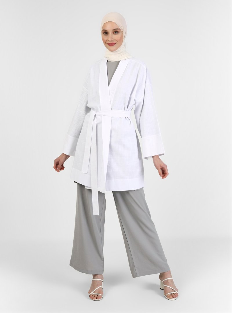 Refka Off White Doğal Kumaşlı Nakış Detaylı Kimono